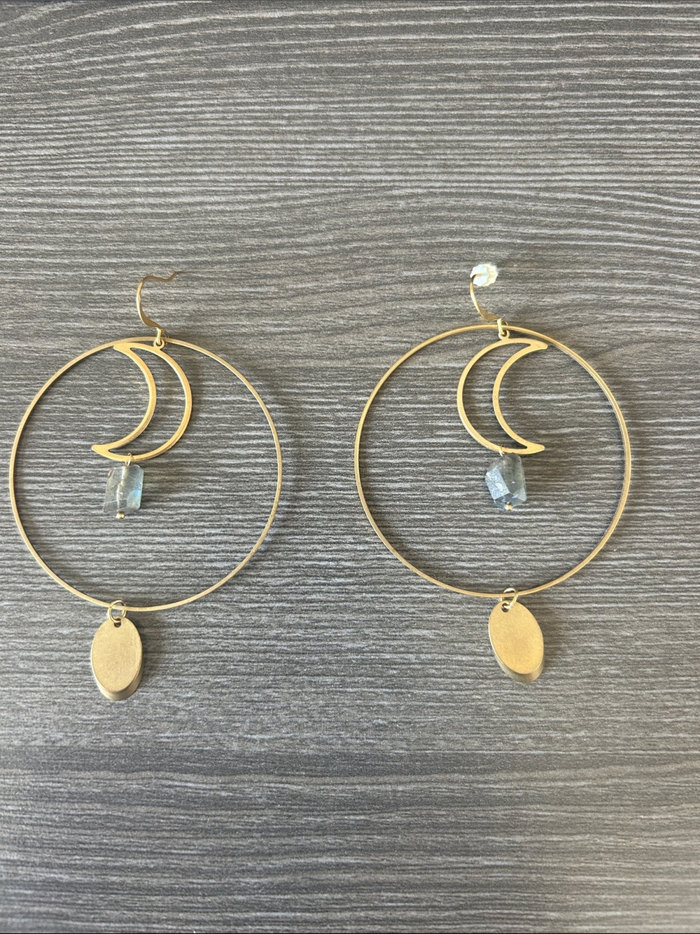 New!  Gold Moon Hoop Earrings with Blue Crystal Accent